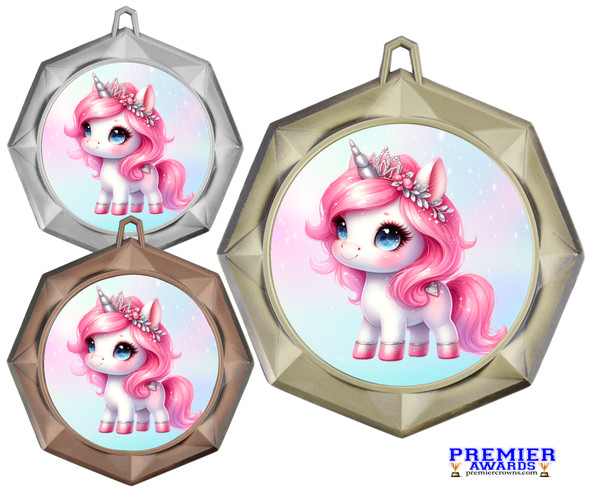 Cute, colorful  Unicorn medal with choice of gold, silver or bronze finish.  Free neck ribbon and engraved disc on back.  43273