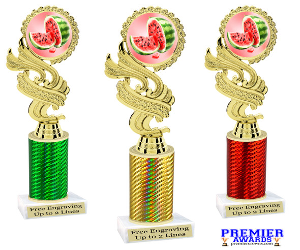 Watermelon theme trophy.   Great for your Watermelon Festivals, contests, activities and more  Choice of color and trophy height. 