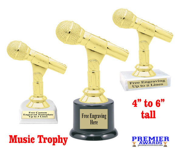 Music theme trophy.  4 - 6" tall with choice of base.  Great for your karaoke, singing contests, talent competitions and more!