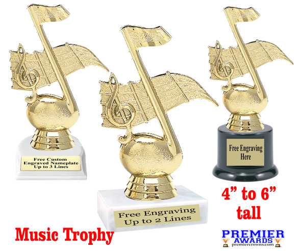 Music theme trophy.  4 - 6" tall with choice of base.  Great for your karaoke, singing contests, talent competitions and more!