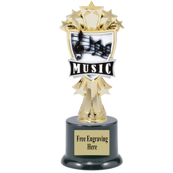 Music theme trophy.  6.5 - 8.5" tall with choice of base.  Great for your karaoke, singing contests, talent competitions and more!