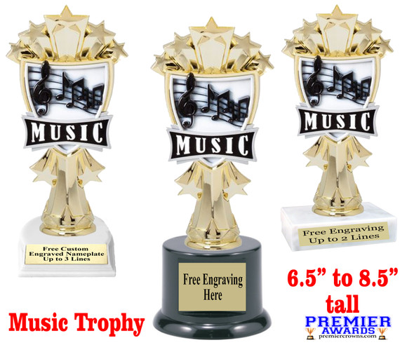 Music theme trophy.  6.5 - 8.5" tall with choice of base.  Great for your karaoke, singing contests, talent competitions and more!