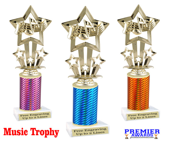 Great for your karaoke, singing contests, talent competitions and more!  Choice of color and trophy height. 