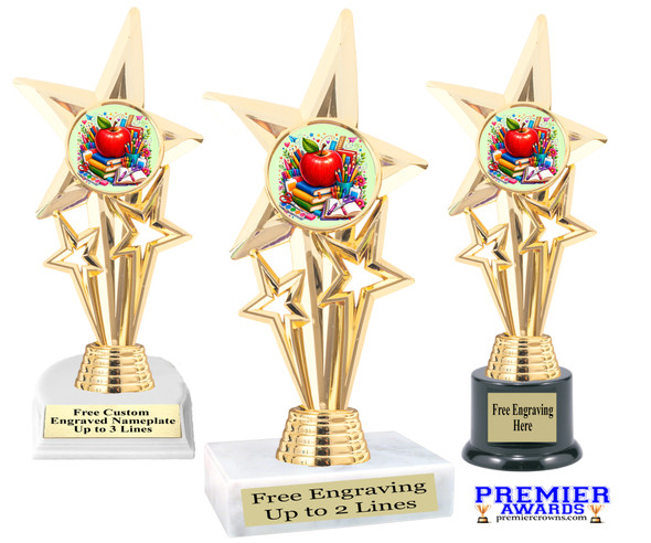 School theme trophy.  Great for BTS events, pageants, contests or your students.  7.5"- 9.5" tall depending on base