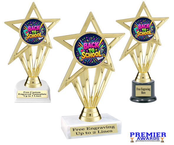 School theme trophy.  Great for BTS events, pageants, contests or your students.  6"- 8" tall depending on base