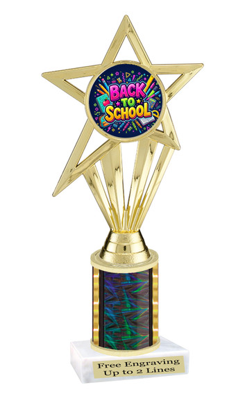 School theme trophy. Great for BTS events, pageants, contests or your students. Numerous trophy heights available.  Choice of column color