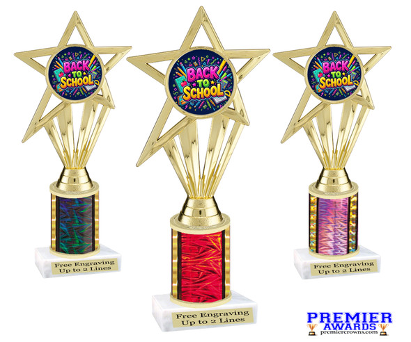 School theme trophy. Great for BTS events, pageants, contests or your students. Numerous trophy heights available.  Choice of column color