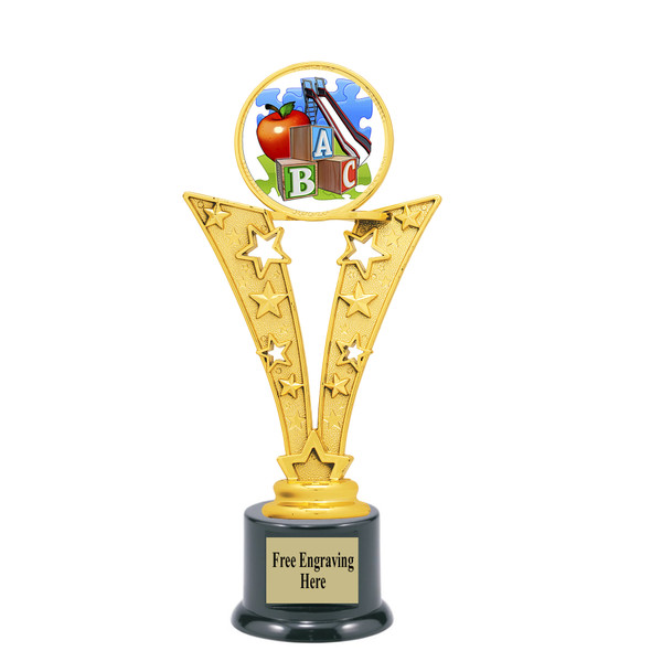 School theme trophy.  Great for BTS events, pageants, contests or your students.  6"- 8" tall depending on base
