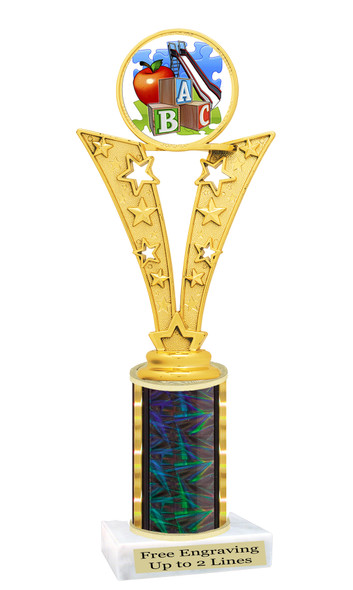 School theme trophy. Great for BTS events, pageants, contests or your students. Numerous trophy heights available.  Choice of column color