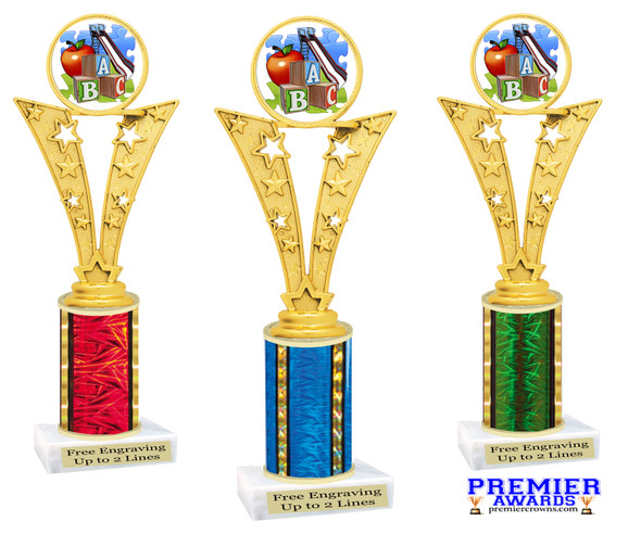 School theme trophy. Great for BTS events, pageants, contests or your students. Numerous trophy heights available.  Choice of column color