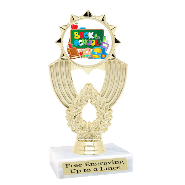 School theme trophy.  Great for BTS events, pageants, contests or your students.  6"- 8" tall depending on base