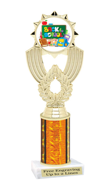 School theme trophy. Great for BTS events, pageants, contests or your students. Numerous trophy heights available.  Choice of column color