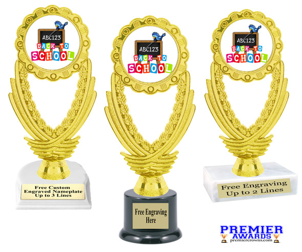 School theme trophy.  Great for BTS events, pageants, contests or your students.  6"- 8" tall depending on base