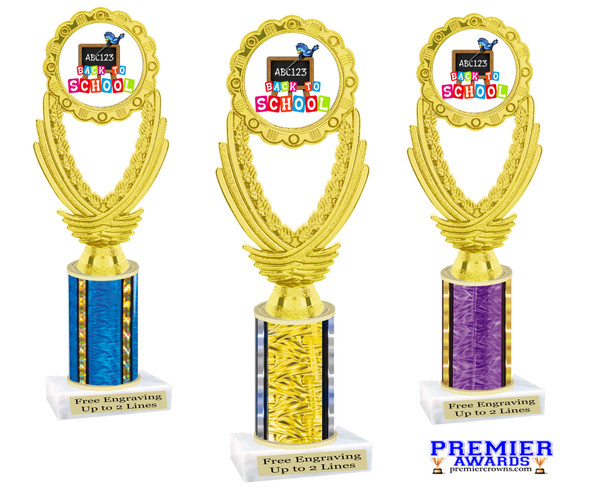 School theme trophy. Great for BTS events, pageants, contests or your students. Numerous trophy heights available.  Choice of column color