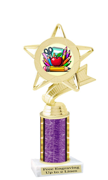 School theme trophy. Great for BTS events, pageants, contests or your students. Numerous trophy heights available.  Choice of column color