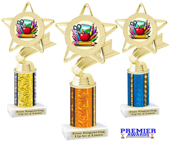 School theme trophy. Great for BTS events, pageants, contests or your students. Numerous trophy heights available.  Choice of column color