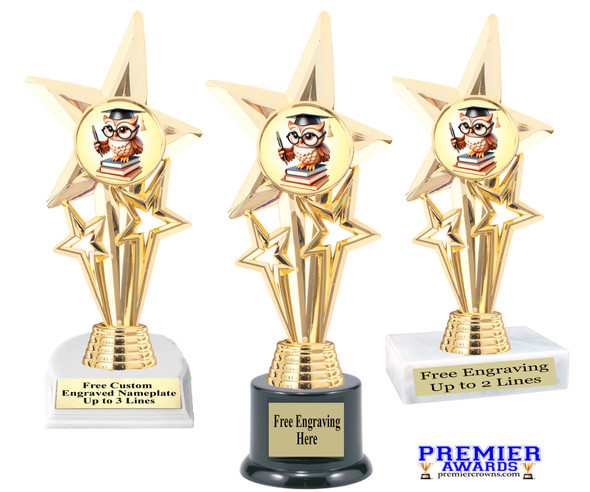School theme trophy.  Great for BTS events, pageants, contests or your students.  7.5"- 9.5" tall depending on base