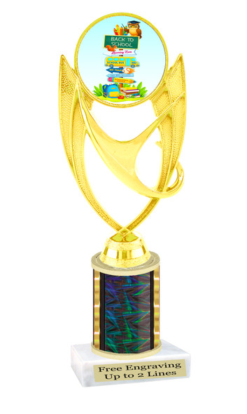 School theme trophy. Great for BTS events, pageants, contests or your students. Numerous trophy heights available.  Choice of column color