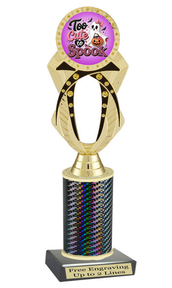 Too Cute to Spook trophy. Great for your Halloween pageants, events, contests and more Numerous trophy heights available.  Choice of column color