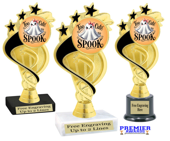 Too Cute to Spook trophy.  Great for your Halloween pageants, events, contests and more. 6.5" - 8.5" tall.  