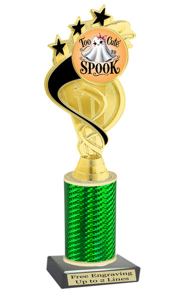Too Cute to Spook trophy. Great for your Halloween pageants, events, contests and more Numerous trophy heights available.  Choice of column color