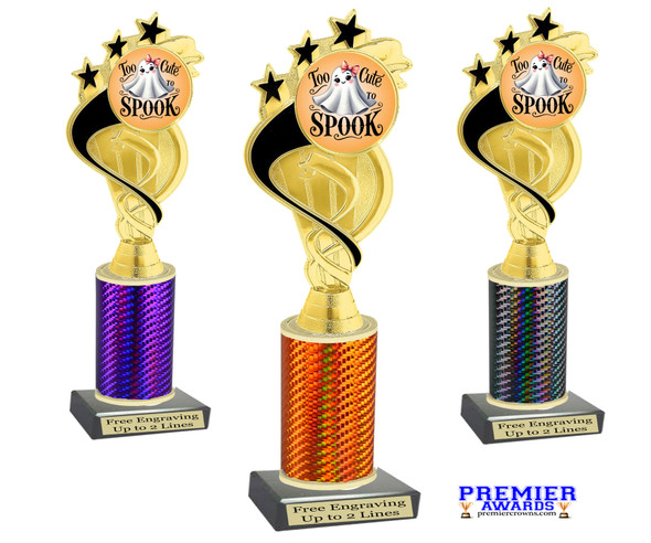 Too Cute to Spook trophy. Great for your Halloween pageants, events, contests and more Numerous trophy heights available.  Choice of column color
