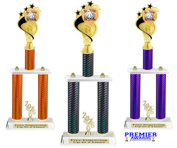 Too Cute to Spook trophy. Great for your Halloween pageants, events, contests and more Numerous trophy heights available. Choice of column color