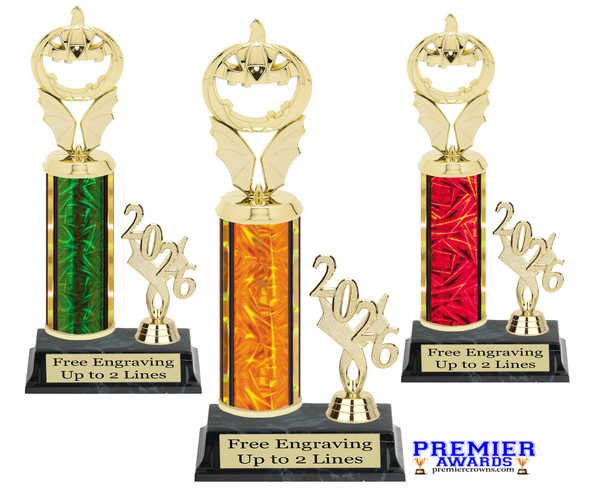 Halloween trophy. Great for your Halloween pageants, events, contests and more Numerous trophy heights available.  Choice of column color
