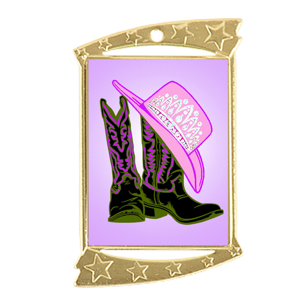 Rectangle Medal with "Boots and Crown" theme art work.  Choice of gold or silver finish.  Includes free engraving and neck ribbon