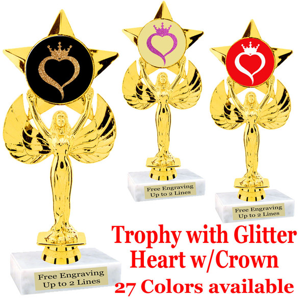 Glitter heart with crown insert trophy.  Choice of 27 insert colors.