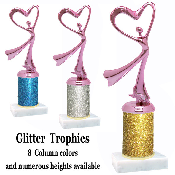 Glitter Column trophy with choice of glitter color, trophy height and base.  Modern Pink  Victory with star