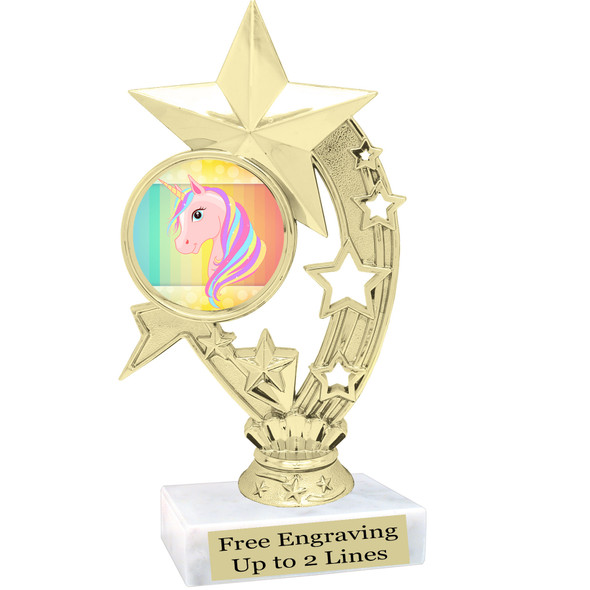 UNICORN TROPHY WITH 6 DESIGNS AVAILABLE AND CHOICE OF BASE. 6" TALL  (h208