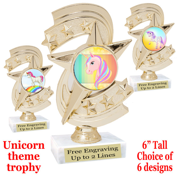 UNICORN TROPHY WITH 6 DESIGNS AVAILABLE AND CHOICE OF BASE. 6" TALL  (h300