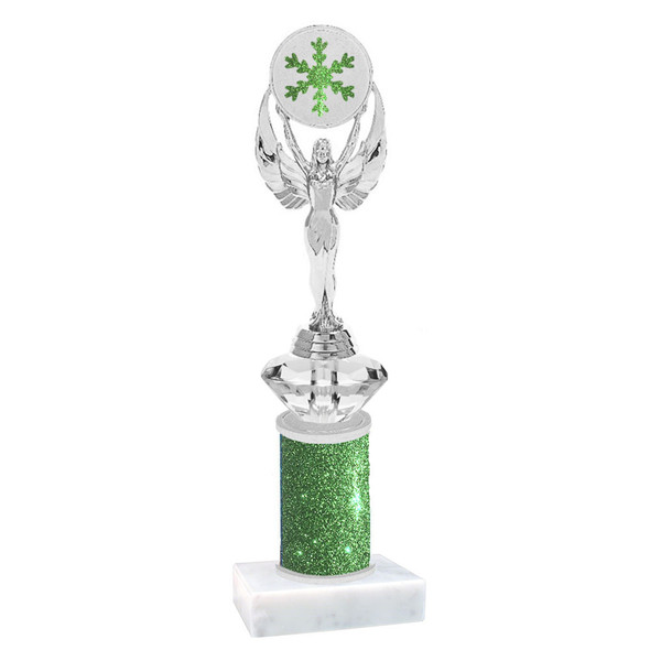 Glitter trophy with Diamond riser and snowflake insert.  10" tall with choice of color.  (6010S)