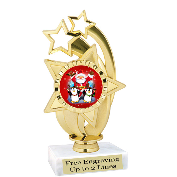 Santa and Penguins theme trophy with choice of base. 6" tall - ph55 Santa and Penguins theme trophy with choice of base. 6" tall - ph55