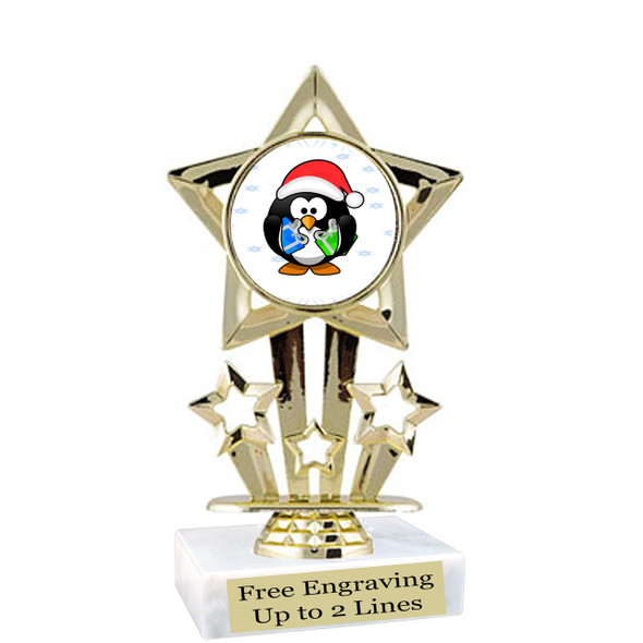 Penguin  theme  trophy with choice of base.  6" tall  -f767