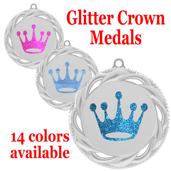 Glitter Crown Medal.  	2 3/4" diameter medal with choice of glitter color.  Includes free engraving and free neck ribbon   (938s