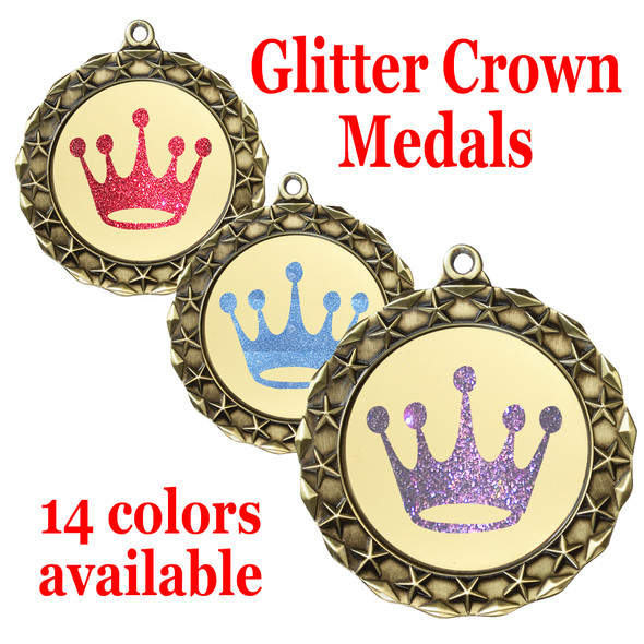  Glitter Crown Medal.  	2 3/4" diameter medal with choice of glitter color.  Includes free engraving and free neck ribbon   (md40g