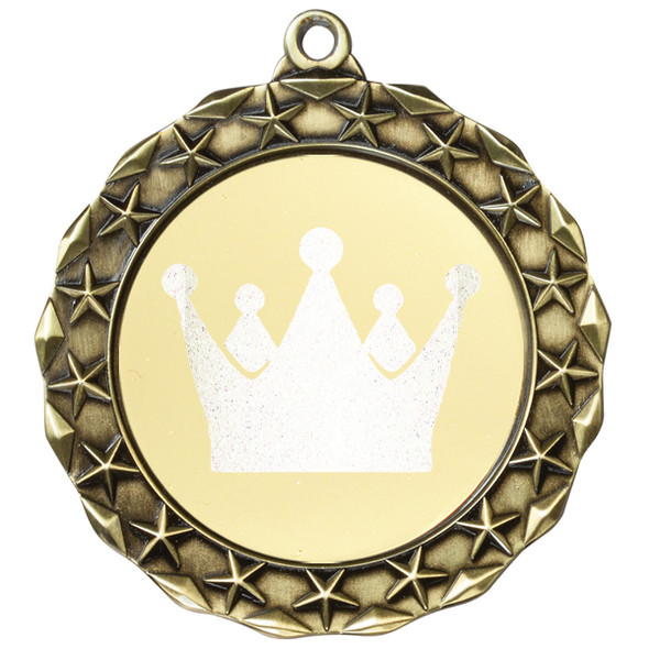 Glitter Crown Medal.  	2 3/4" diameter medal with choice of glitter color.  Includes free engraving and free neck ribbon.     2-md40g