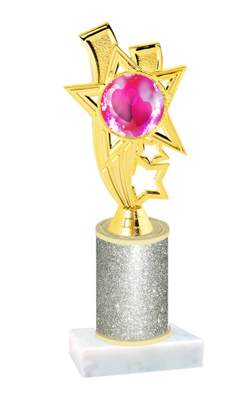 Valentine theme  Glitter Column trophy with choice of glitter color, trophy height and base. Pink Hearts 008