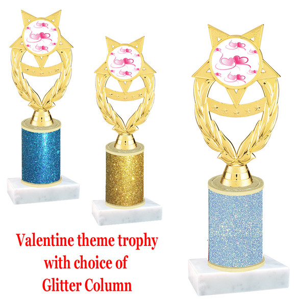 Valentine theme  Glitter Column trophy with choice of glitter color, trophy height and base. Pink and red Hearts 009