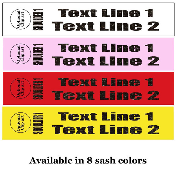 Glitter Flake Sash. HALF SASH.  36" or 42" long.  Numerous  sash colors, glitter colors and choice of size . This is NOT a wrap around sash.  Two Lines.  (half-003