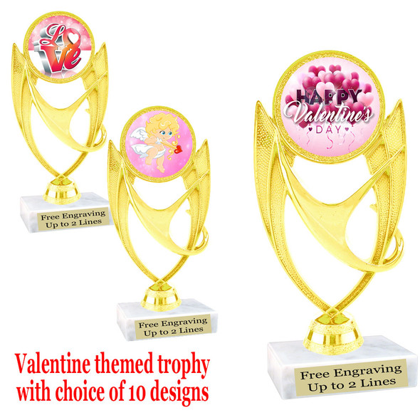 Valentine's theme trophy with choice of design.  Gold 5  3/4" trophy.  ph28