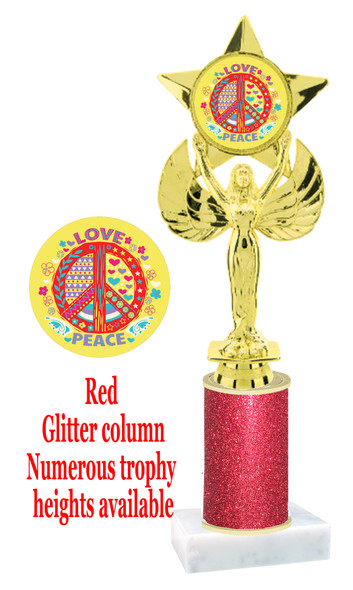 Glitter trophy with colorful art work insert.  Available in numerous trophy heights.   Peace, Love