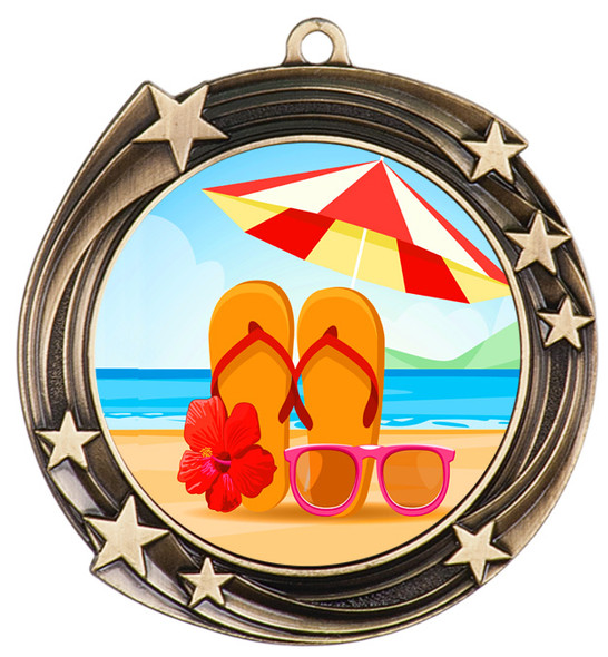 Summer - Beach theme medal.  Antique Gold medal finish.  Choice of 8 designs.  Includes free engraving and neck ribbon  (930gold)