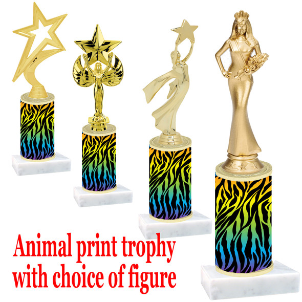 Go "wild" with your awards!  Animal Print Trophy with choice of figure and trophy height.  Trophy heights starts at 10" tall  (010