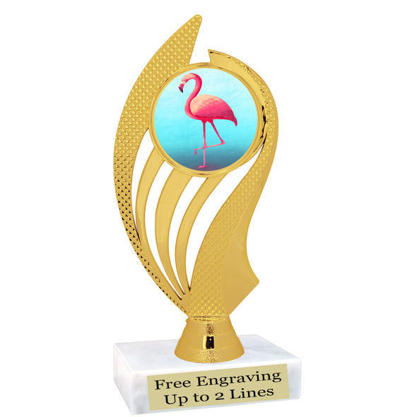 Flamingo theme trophy with choice of art work.  6" tall with free engraved plate  (ph102