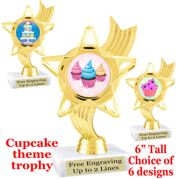 Cupcake themed trophy.  6" tall with choice of cupcake artwork.  Includes free engraved trophy plate   (ph27