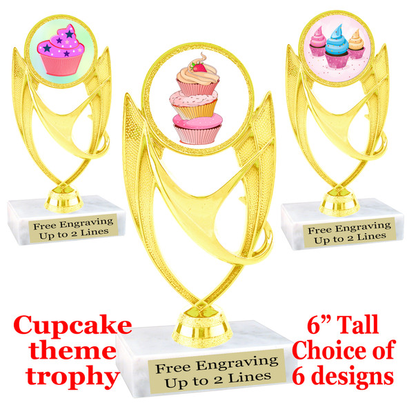 Cupcake themed trophy.  6" tall with choice of cupcake artwork.  Includes free engraved trophy plate   (ph28