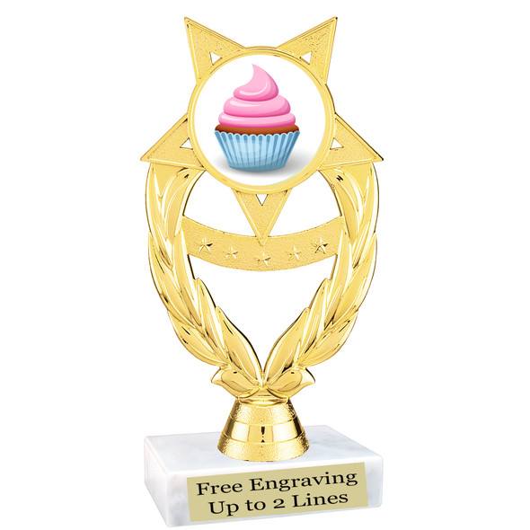 Cupcake themed trophy.  6" tall with choice of cupcake artwork.  Includes free engraved trophy plate   (ph97